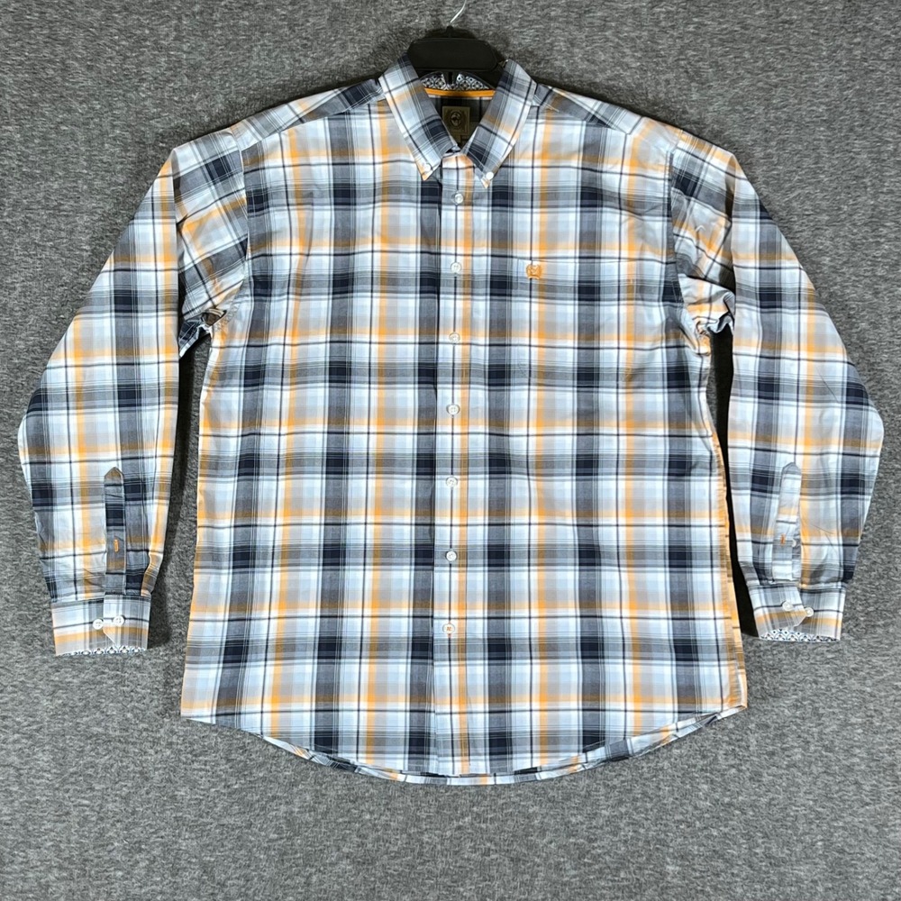 CINCH Mens‎ Long Sleeve Plaid Button Down Shirt Orange Blue Grey Size L